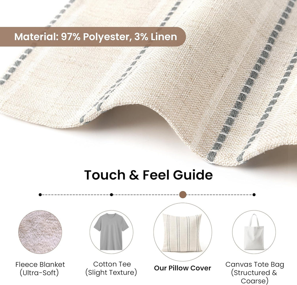 18x18 Decorative Farmhouse Linen Blend Throw Pillow Covers, Boho Textured Pillow Case, Set of 2, Beige with White &