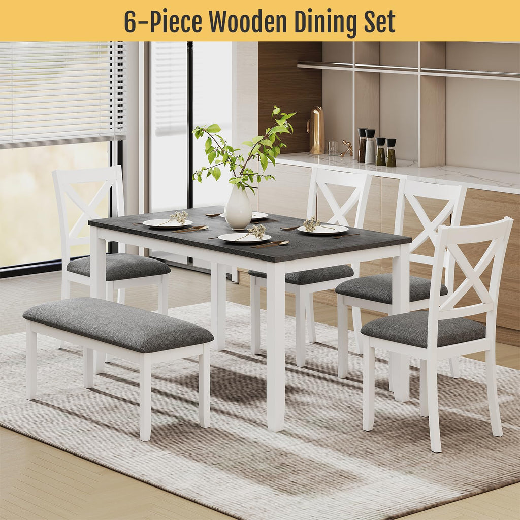6-Piece Solid Wood Dining Table Set, Wooden Legs, White