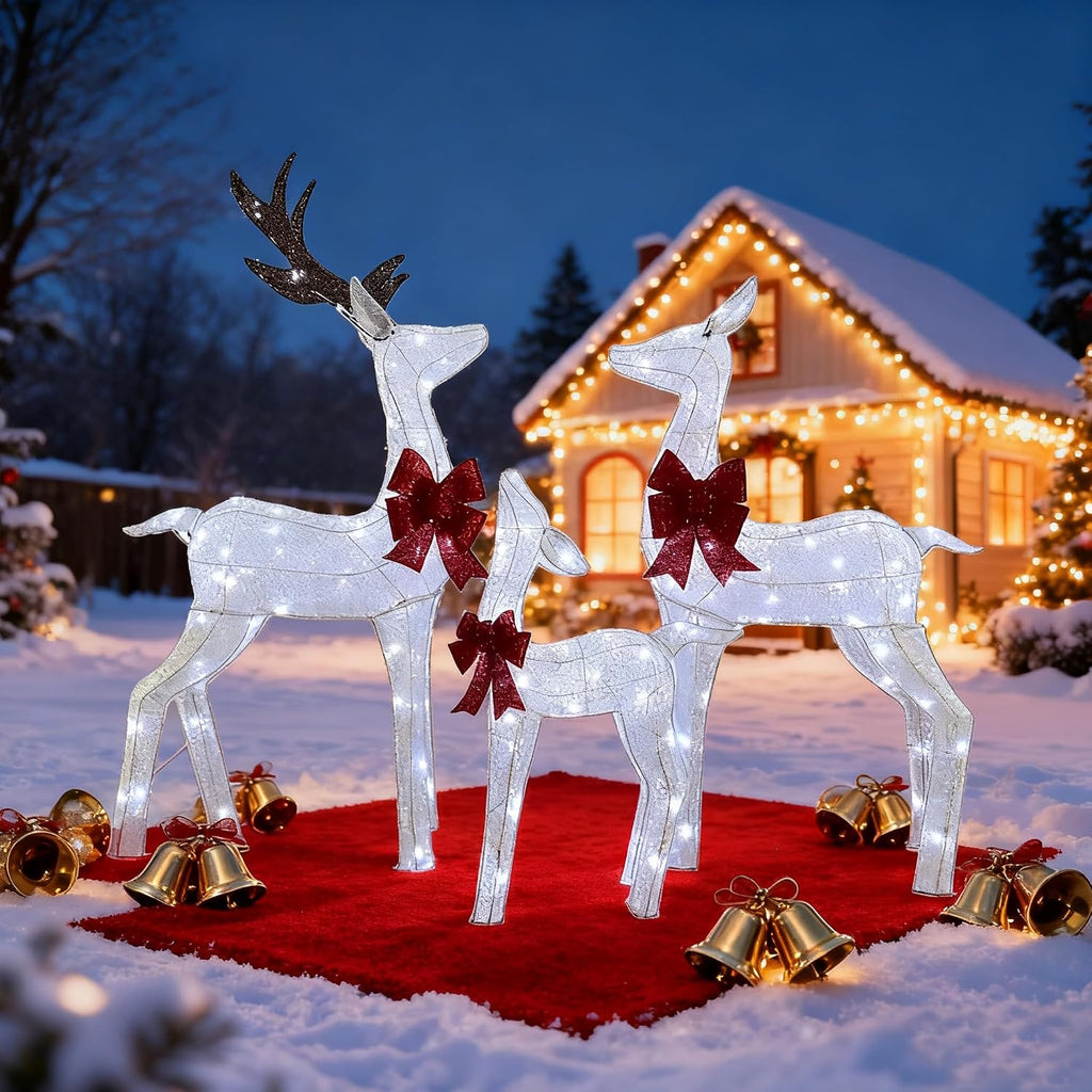 3-Piece Pre-Lit 3D Reindeer Family Decor, Outdoor Christmas Deer Set with Cool White & Colorful LED Lights,Waterproof