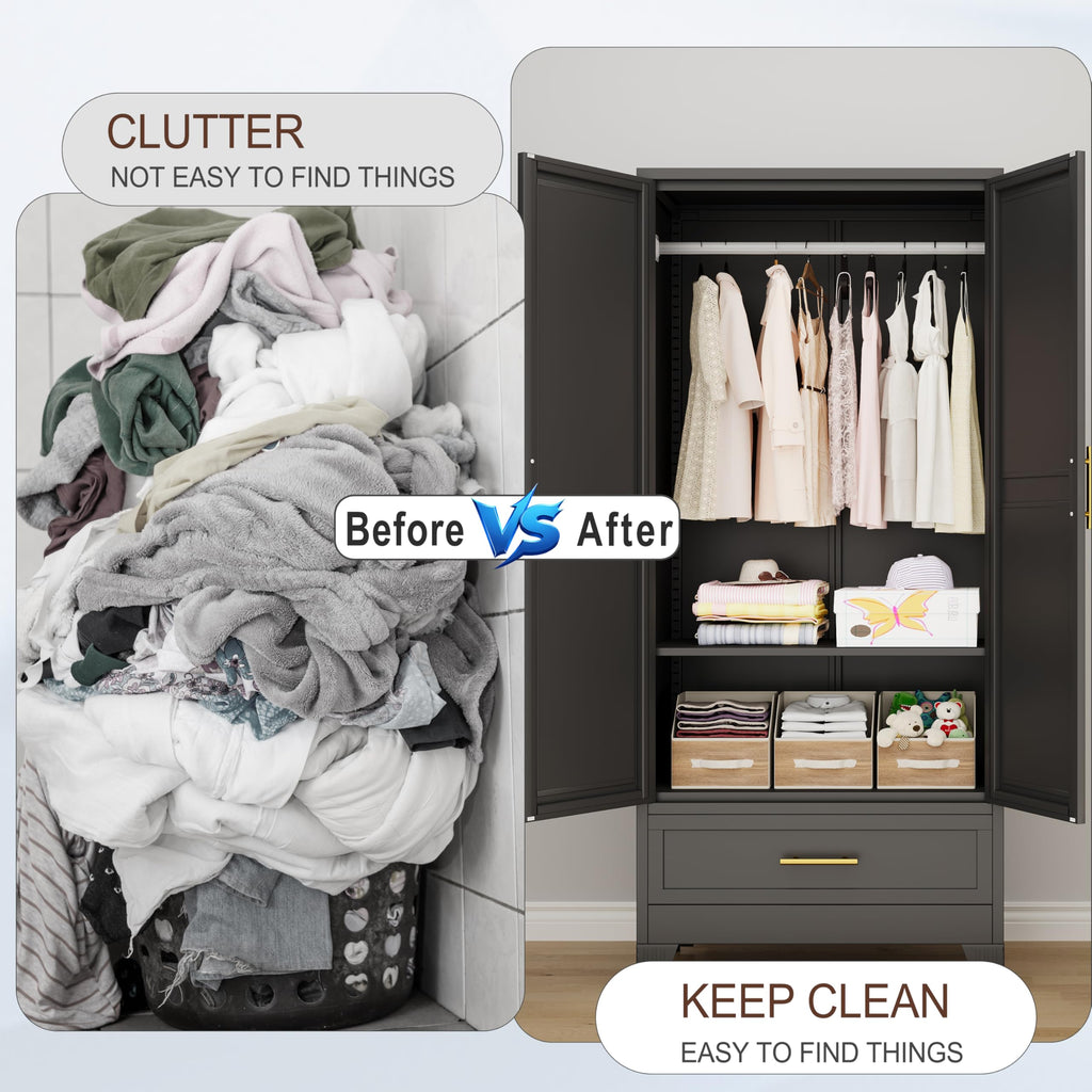 71" H Metal Armoire Wardrobe Closet with Mirror,Household Steel Wardrobe Cabinet with Drawers,Clothing Storage