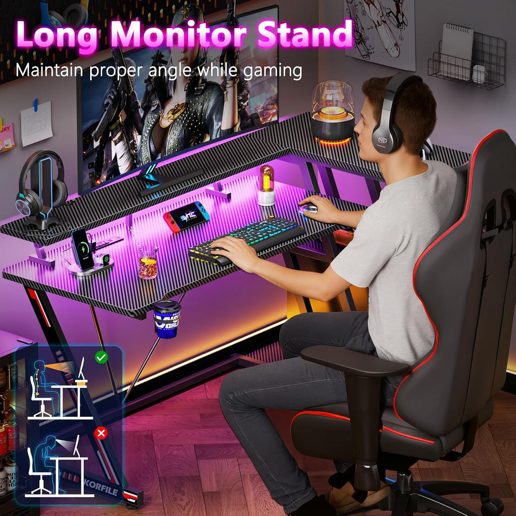 55 Inch Gaming Desk with Power Outlet & LED Lights, L Shaped Gamer Computer Table with Storage Shelves , Corner Home