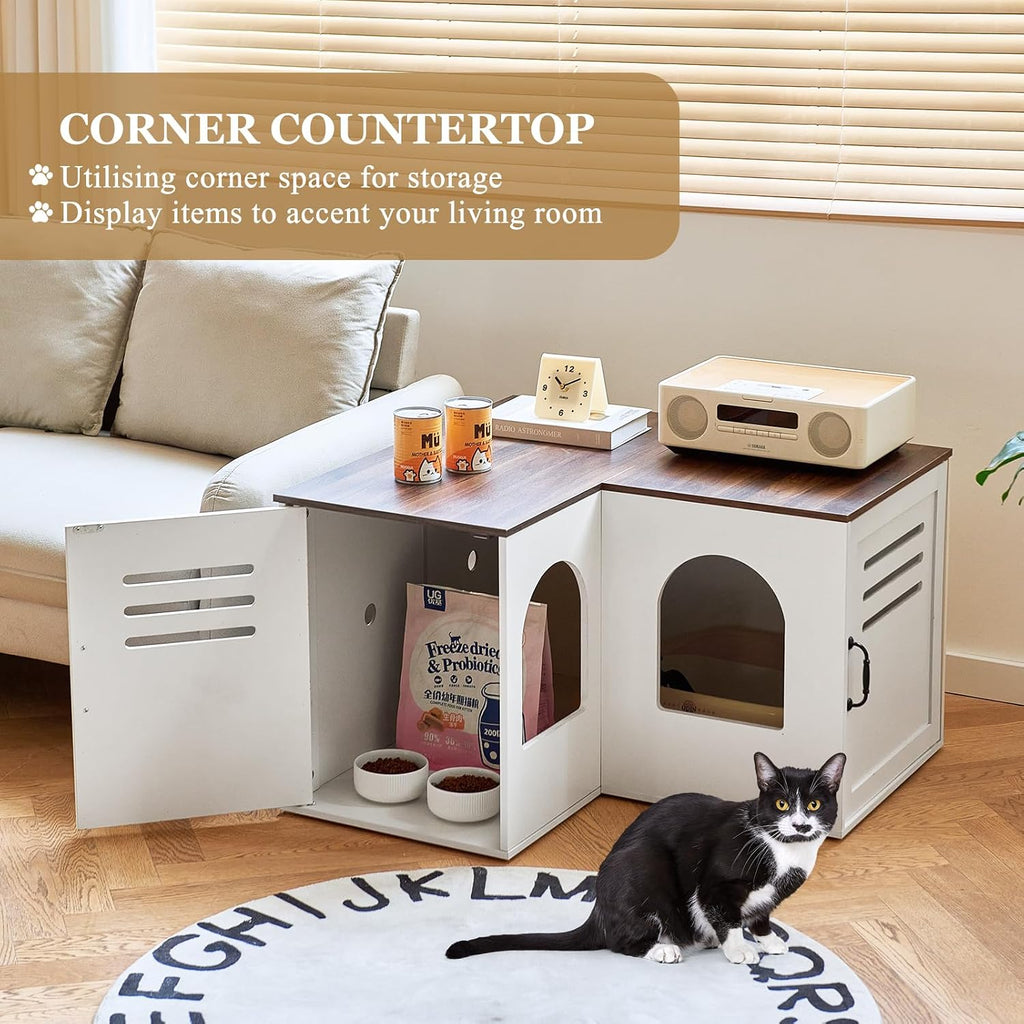 31.5in Corner Cat Litter Box Enclosure with Double Room, White