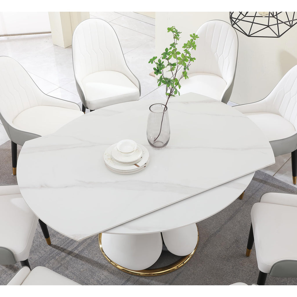 Modern Extendable Dining Table, 59" Round Marble Dining Table, Convertible Rectangular Kitchen Table, White Sintered