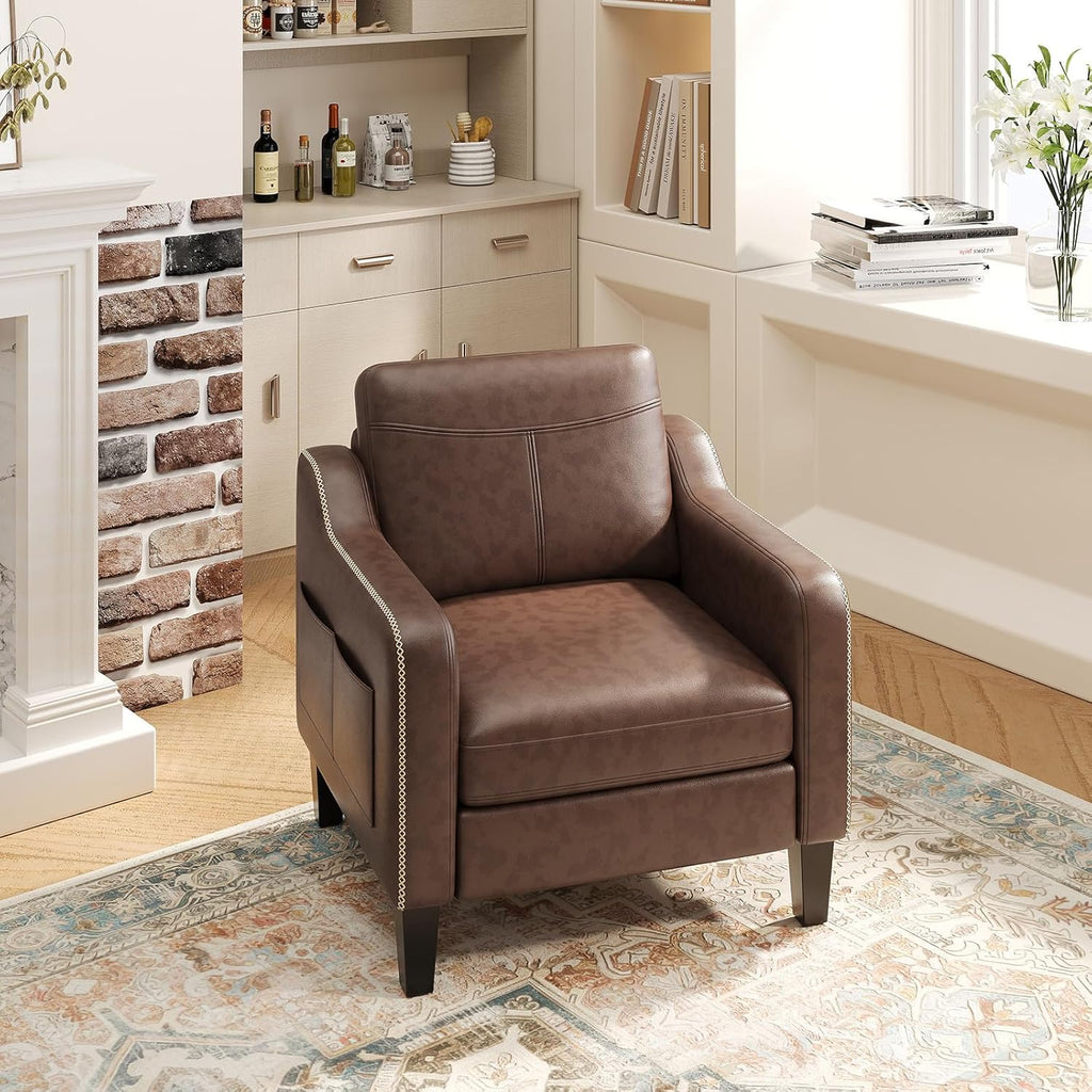 PU Leather Accent Chair, Mid-Century Modern Living Room Armchair Sofa with Removable Cushions, Solid Wood Frame &