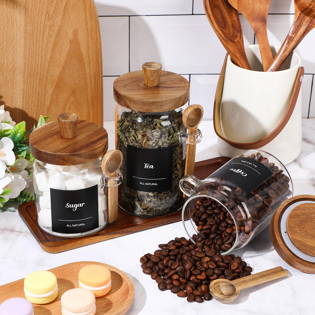 3 Pcs Glass Coffee Container Set, 13.5, 20, 25 oz, Acacia Brown