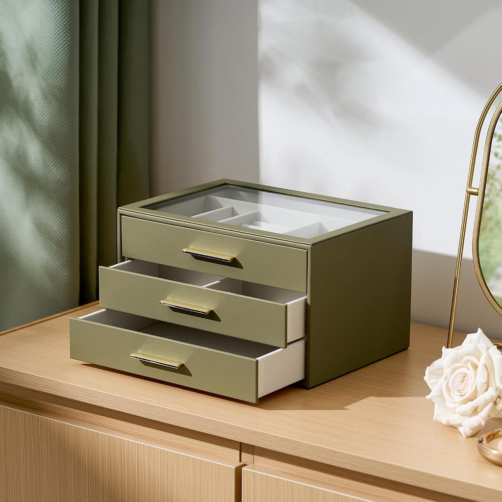 Jewelry Box Organizer Storage Case, 3-Layer with Glass Window, Green