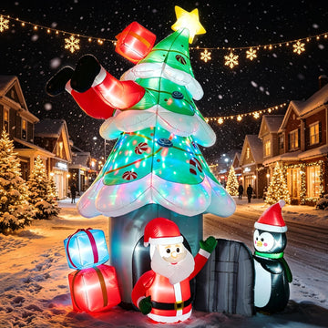 12FT Giant Inflatable Christmas Tree, Santa & Penguin with Colorful Light