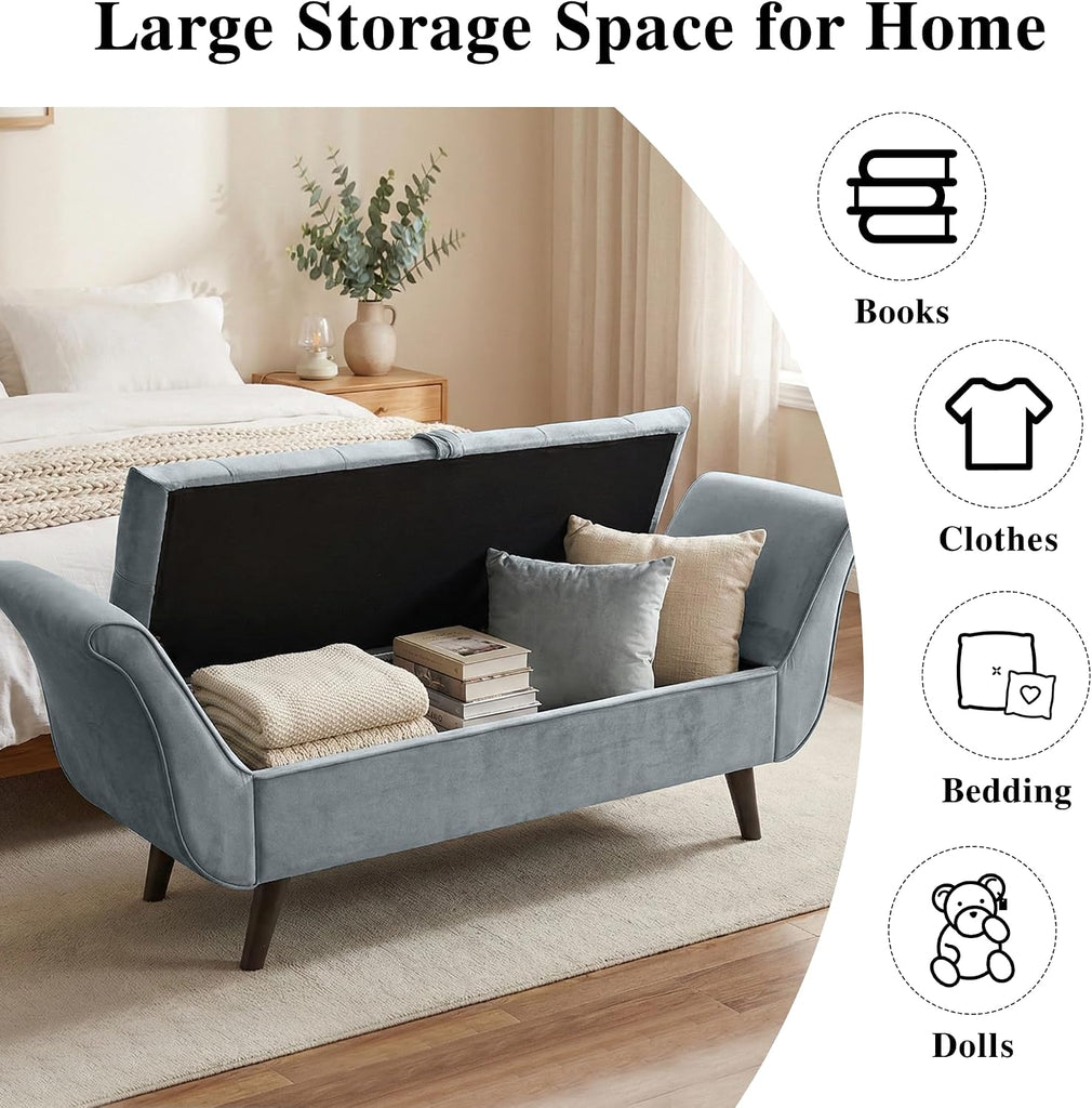 Velvet Storage Bench End of Bed Ottoman, Button-Tufted Upholstered Bed Benches s King with Rolled Arms and 4 Sturdy