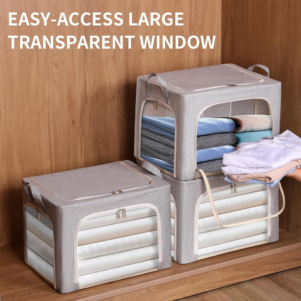 3-Side Zippered Openings Clothes Storage Bins with Thick Metal Frame, Stackable & Foldable Clothing Storage Bins with