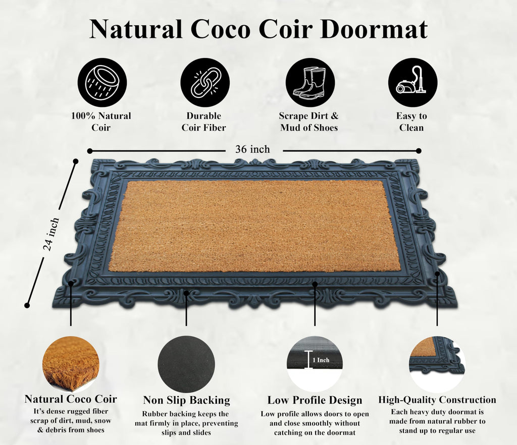 A1HC Natural Coir and Rubber Door Mat, 24" x 36", Thick Durable, Heavy Duty, Thin Profile Door Mat, Easy to Clean