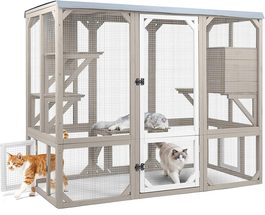 Large Catio Outdoor Cat Enclosure for 1-3 Cats, Multi-Level Wooden