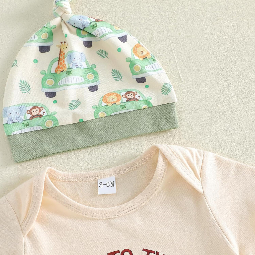 Newborn Baby Boy Clothes Zoo Animals Short Sleeve Romper Shirt Top Pants Hat Set Summer Outfits