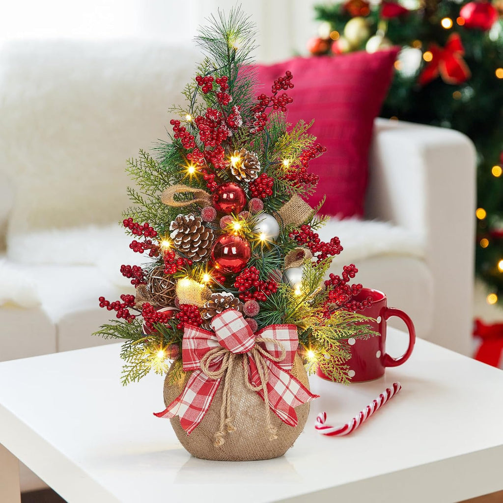 24" Pre-Lit Mini Christmas Tree with LED Lights - Battery Operated Tabletop Decor, Frosted Artificial Tree /Office