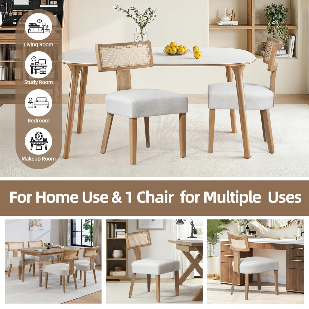 Mid-Century Modern Rattan Dining Chairs Set of 6 - Farmhouse Linen Upholstered Accent Chairs with Curved Backrest