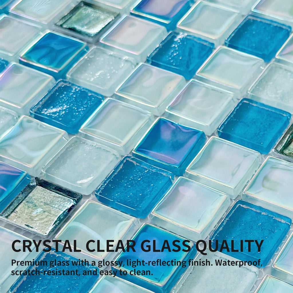 Light Blue Glass Mosaic Tiles, 6mm Ocean Gradient Backsplash, 15 Sheets