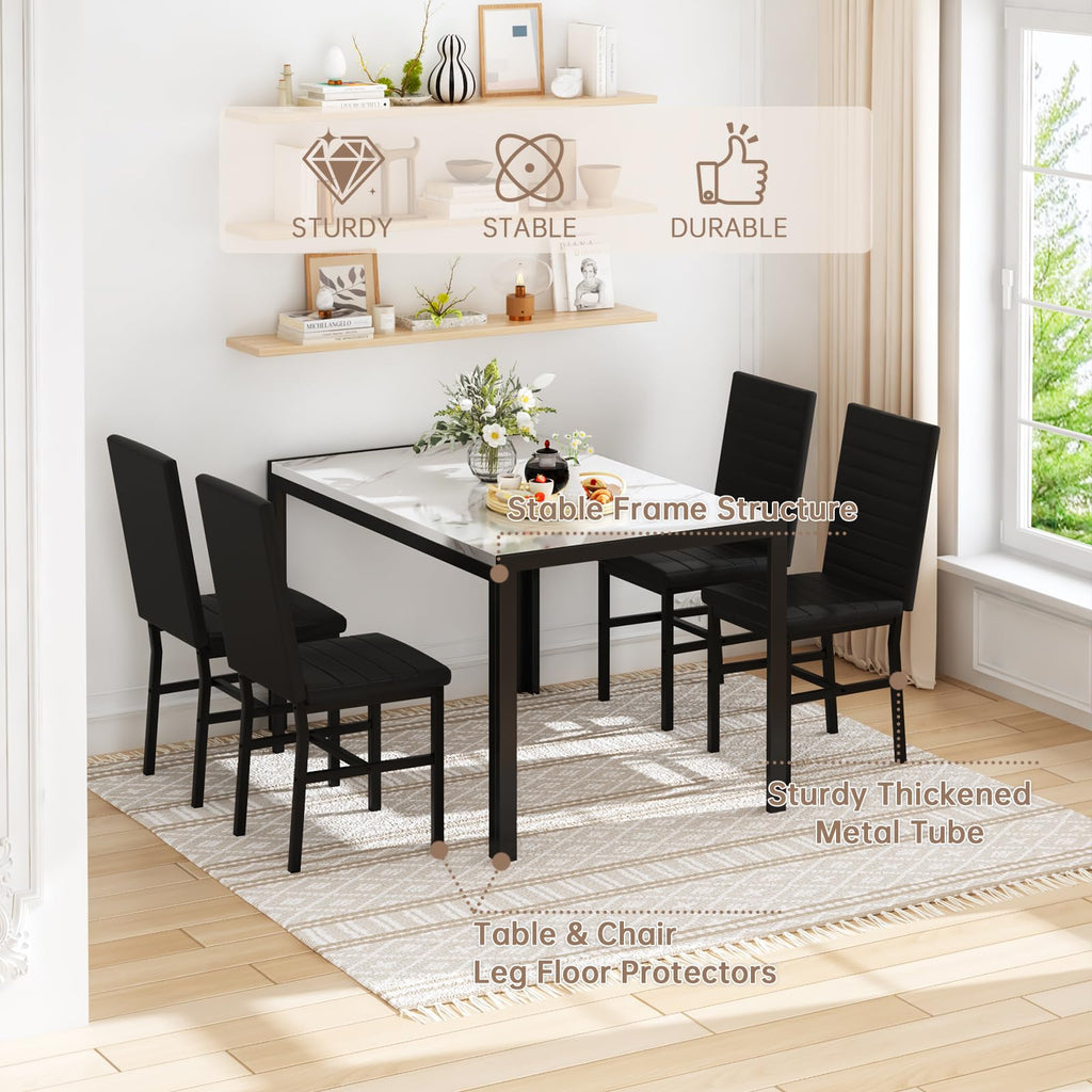 Dining Table Set for 4, Modern 5 Piece Dining Table Set Faux Marble Kitchen Table & 4 Upholstered Chairs, Dining Room