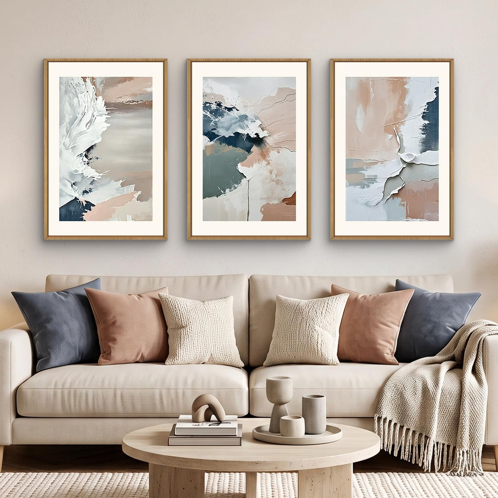 Large Modern Abstract Framed Canvas Wall Art Set, Minimalist Splash ink Blue Pink Pastel Watercolor Wall