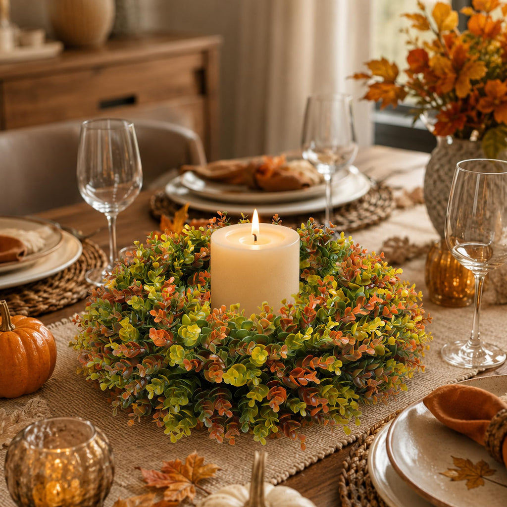20 Inch Fall Wreaths for Front Door, Handmade Fall Boxwood Wreath with Cream Linen Sash, Waterproof and UV Resistant