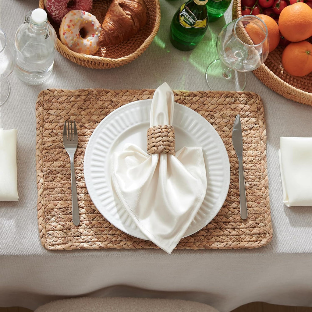 Woven Placemats Set of 6, 17" x 12" Rattan Table Mats, Natural Water Hyacinth Chargers for Dinner Plates, Wicker