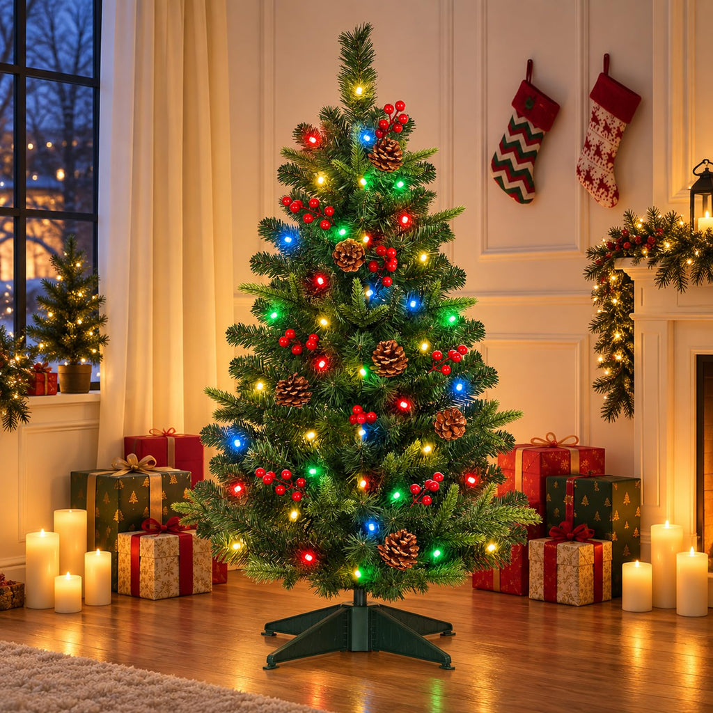 [Timer Remote & 12 Modes] 3FT Pre-Lit Christmas Tree with Lights, Artificial Small Christmas Tree with 50 LED Warm