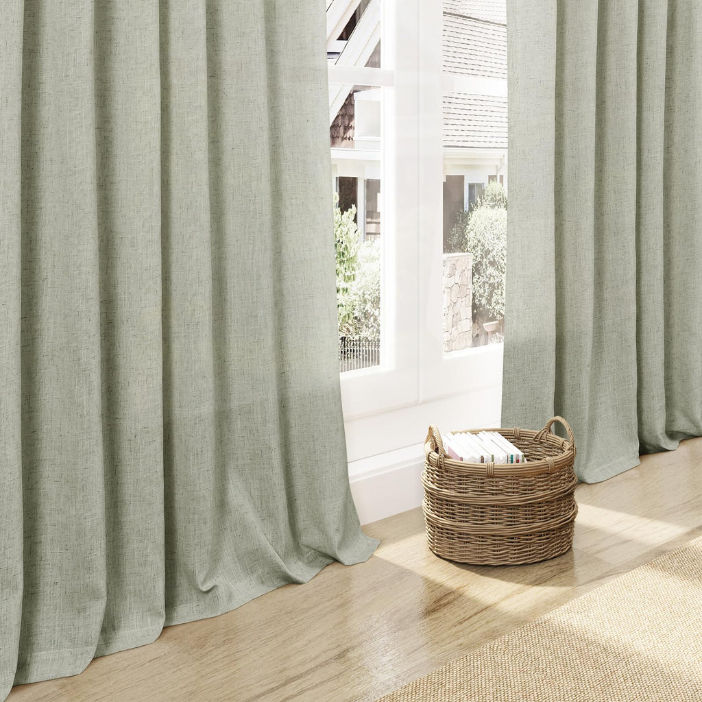 Sage Green Curtains 144 Inches Long 2 Panels Back Tab Rod Pocket Semi Sheer Linen Drapes Neutral Sage Decor Green