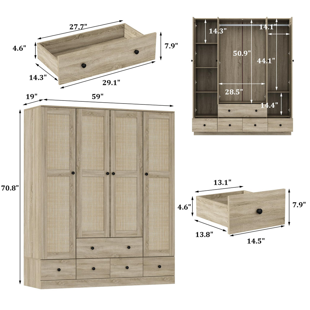 Rattan Armoire Wardrobe Closet with 7 Shelves, 5 Drawers & Hanging Bars, 59" L Wooden Wardrobe Clothes Storage
