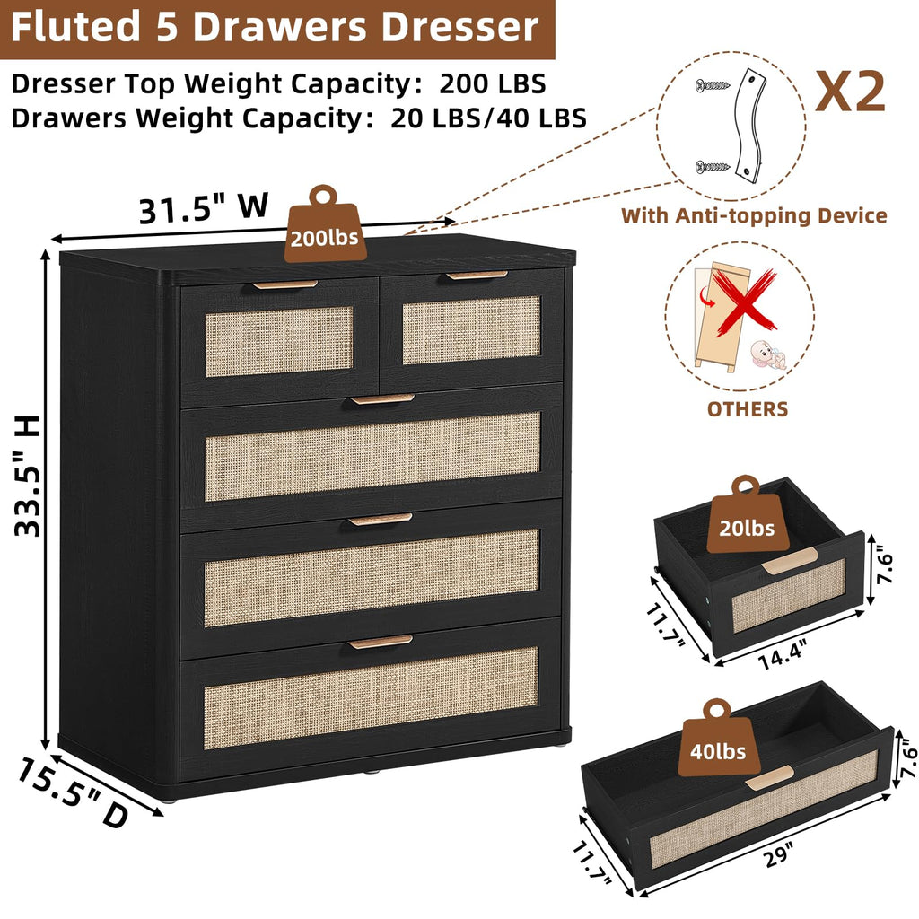Rattan Dresser Set of 2, 33.5" Tall Chest of Drawers, Modern 5 Drawers Boho Dressers with Storage, Light Oak Dresser