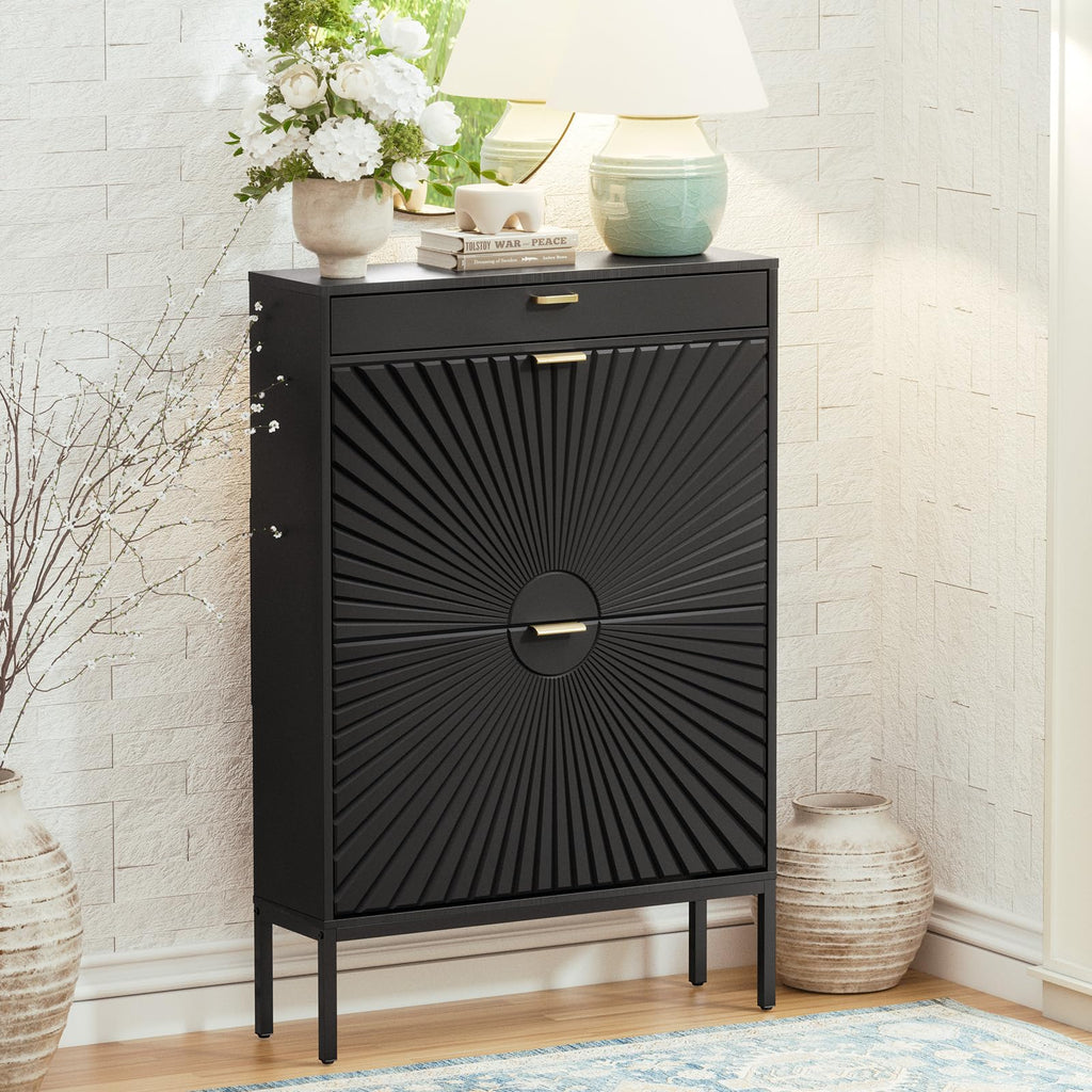 Shoe Cabinet with Sun Pattern Doors, Modern 2 Flip Drawer Entryway Shoe Organizer, Hidden Shoe Rack with Small Drawer