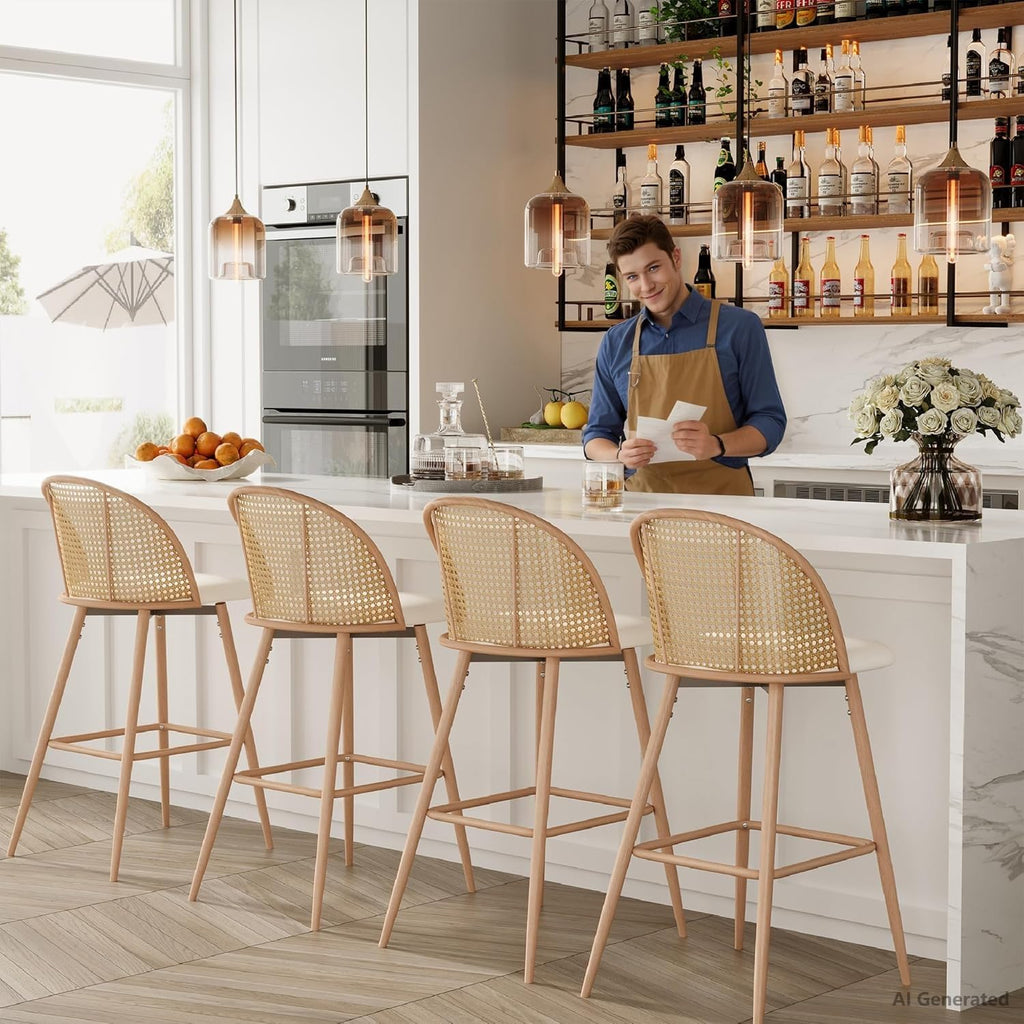 29'' Bar Stools Set of 4, Rattan Counter Height Swivel Stools