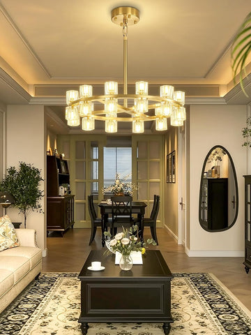 Inspired Arcachon Style Round Wagon Wheel Chandelier, 24" 24-Light Gold — Foyer, Dining & Living Room