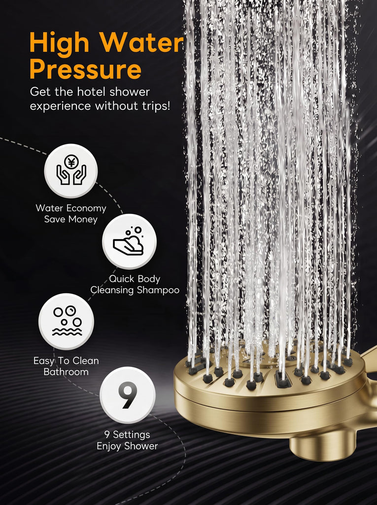 High Pressure Handheld Shower Head Brushed Gold- Anti-clog Nozzles, Built-in Power Wash to Clean Tub, Wall & Overhead