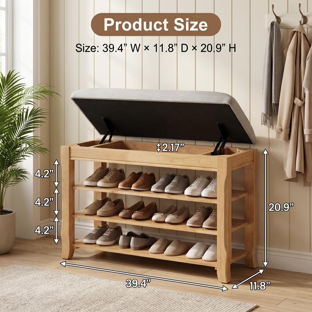 Solid Wood Shoe Bench, 39.4'' Shoe Rack Storage