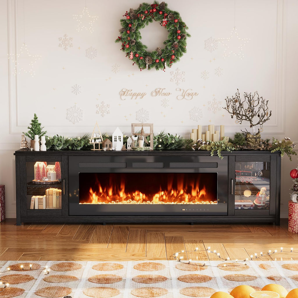 80" Fireplace TV Stand, Modern Entertainment Center with 50 Inch Electric Fireplace, Adjustable Shelf & Glass Door