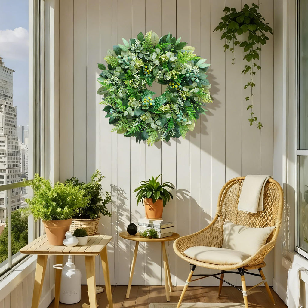26 Inch Green Wreath for Front Door - Artificial Greenery Wreath with Berries, Indoor Outdoor All Season Year