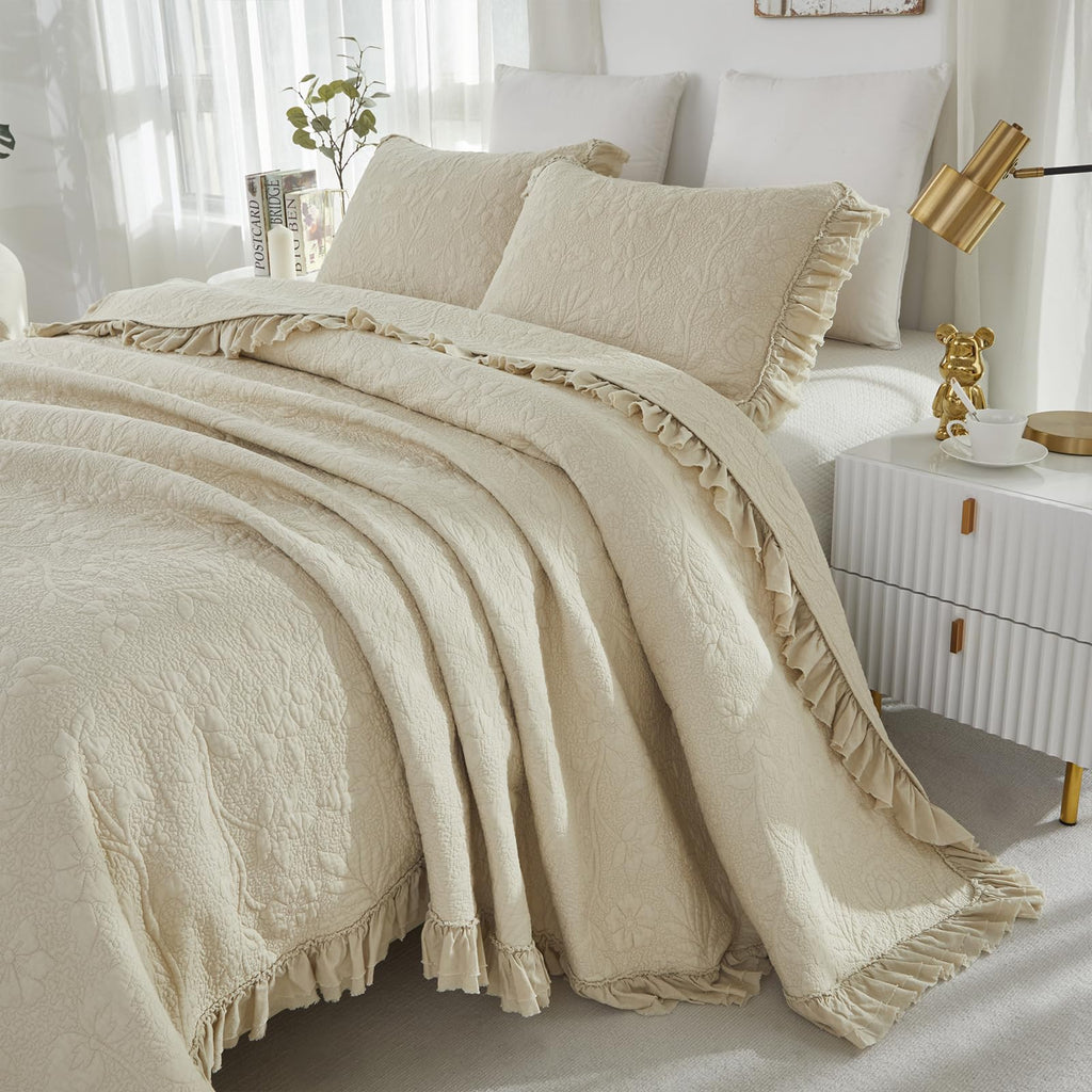 White Beige Quilt Set Queen Size Bedspreads Cotton Farmhouse Luxury Matelasse Bedding Ruffle Bedspread 3-Piece