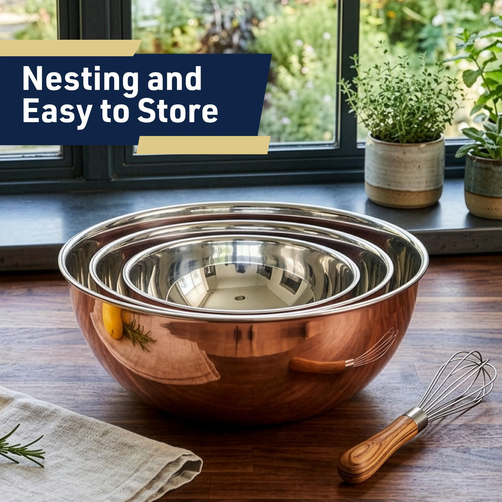 Copper Mixing Bowls - 3 Piece Bowl Set for Cooking, Baking, Serving, and Prepping - Copper Stainless Steel Mixing