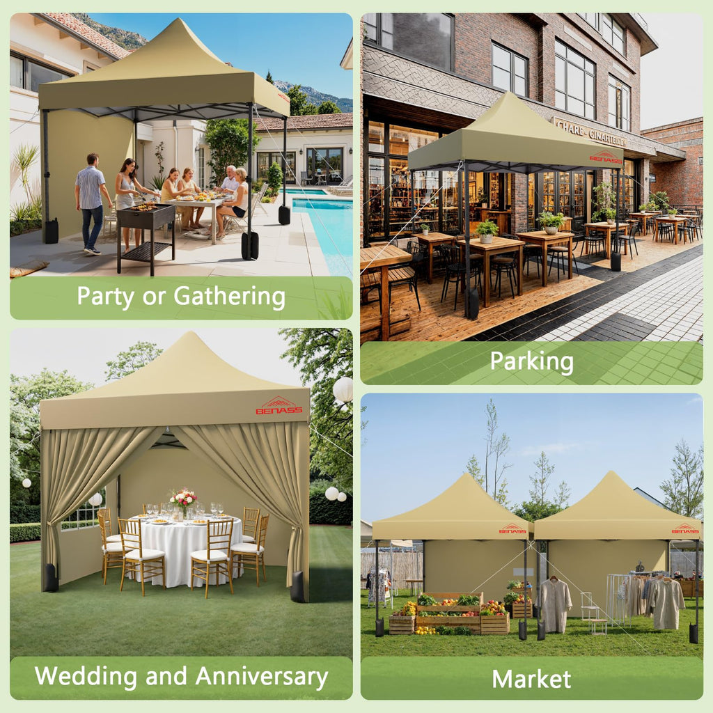 10x10 Heavy Duty Commercial Pop Up Canopy with Sidewalls, Khaki