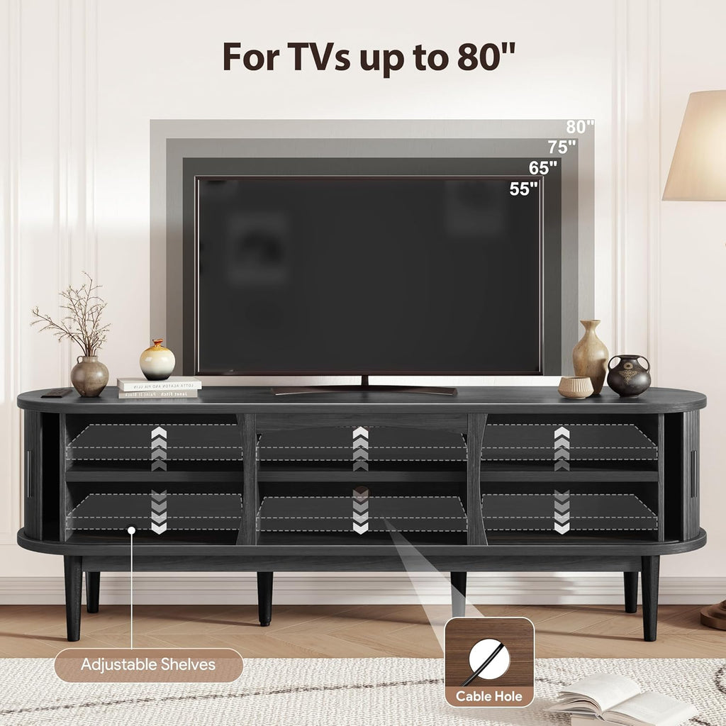 Mid Century TV Stand for TVs up to 80 Inches, Entertainment Center with Storage, Power Outlet, Fluted Sliding Doors &