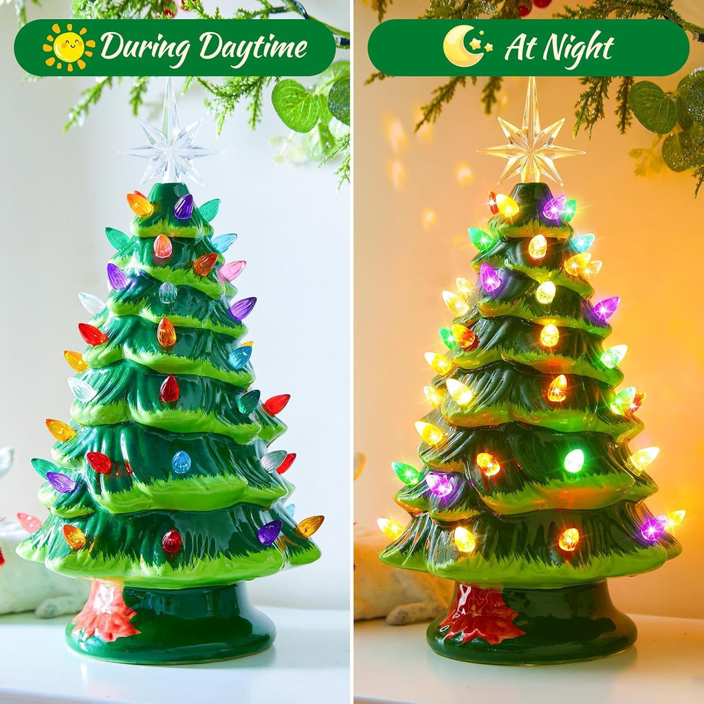 13 Inch Ceramic Christmas Tree, Pre-lit Tabletop Christmas Tree with Multicolored LED Lights, Battery Operated