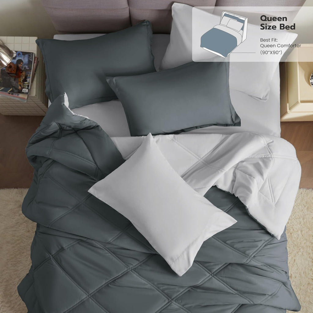 Joiedomi Queen Comforter Set with Sheets Dark Grey, 7 Pieces Queen Bed Set with 1 Down Alternative Comforter