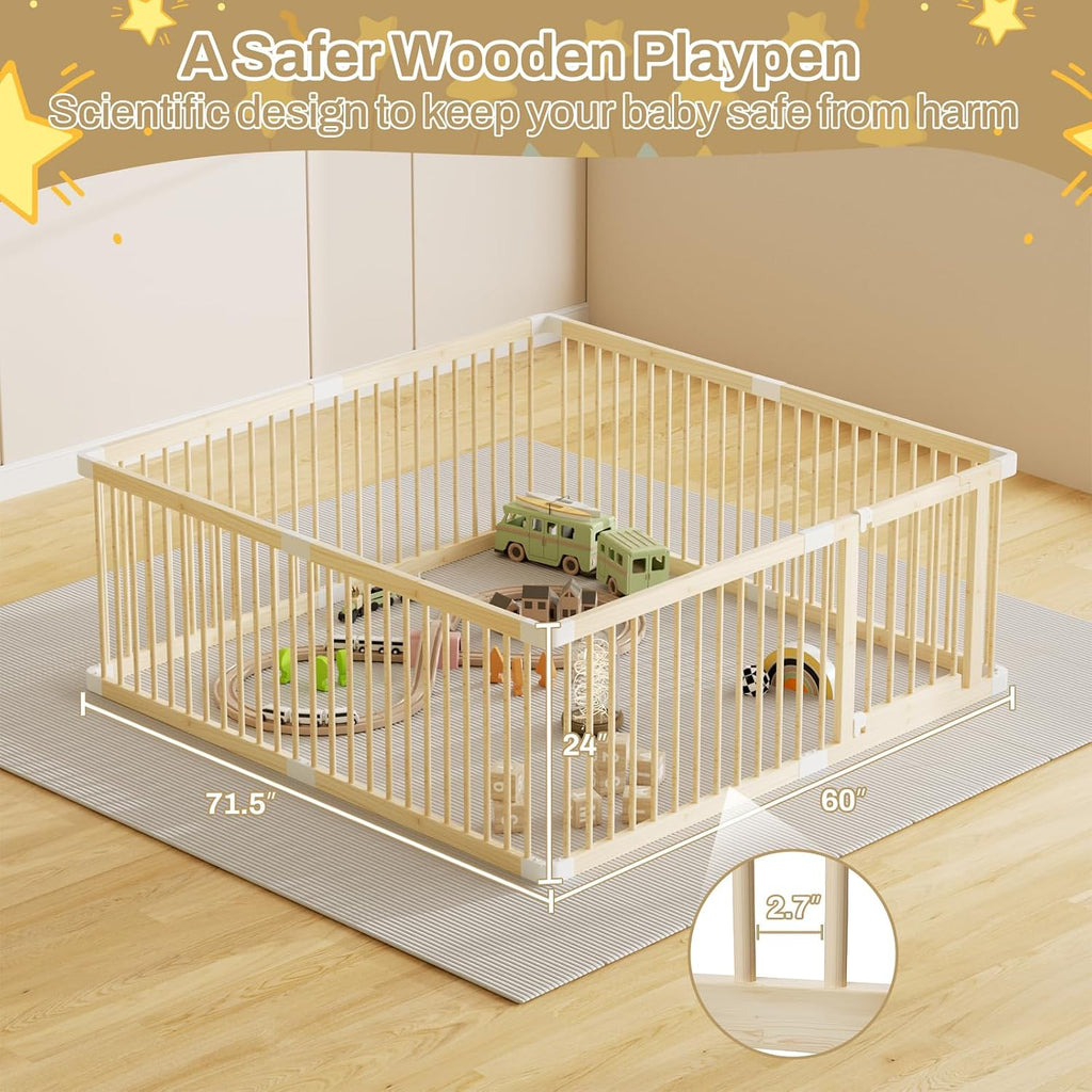 Wooden Baby Playpen, 71.5x60x24In Gate for Toddler and Babies | Natural Pine Wood Playard Double-Locking for