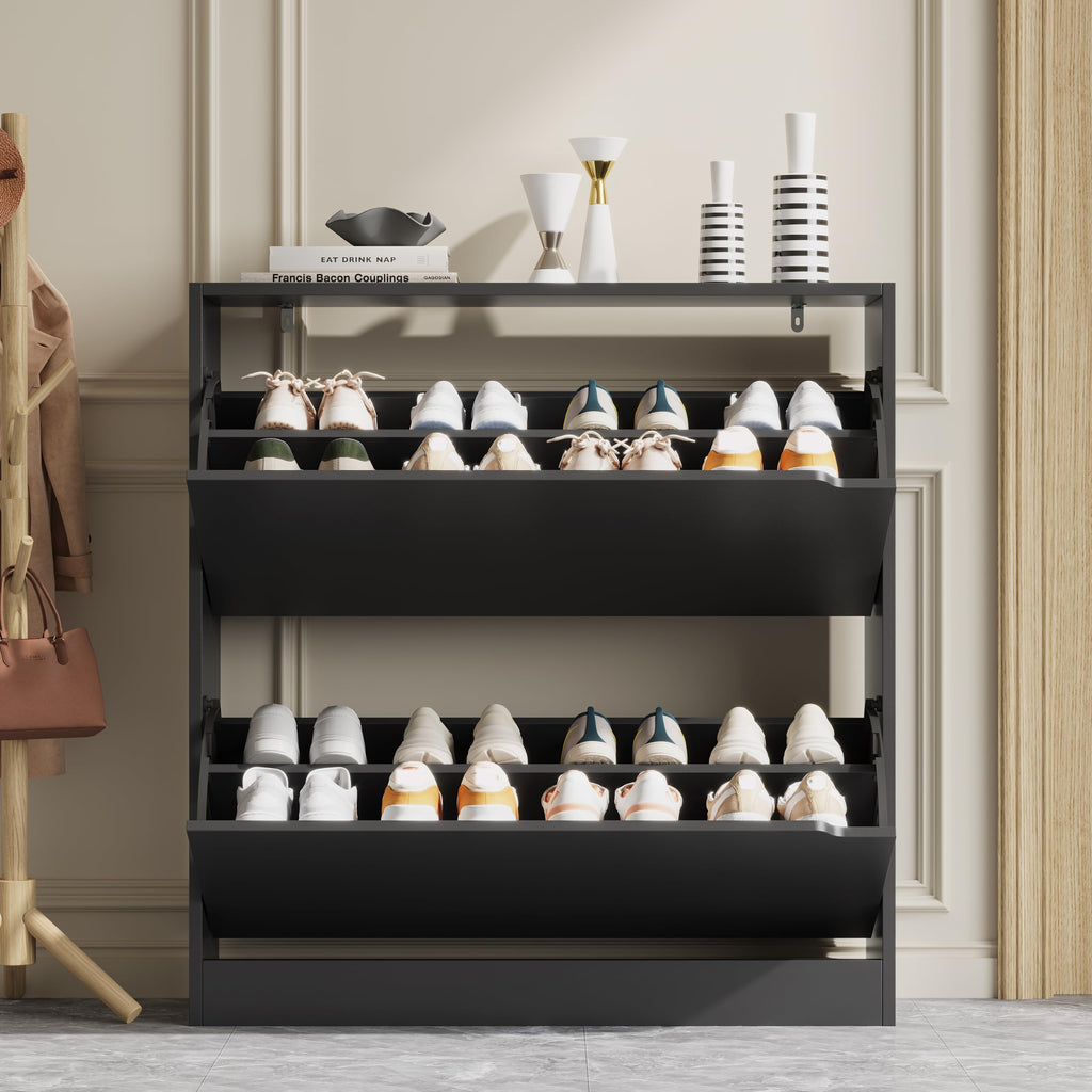 Shoe Storage Cabinet with 2 Flip Drawers, Wood Freestanding Hidden Shoe Storage, Sturdy Narrow Slim Shoe Organizer