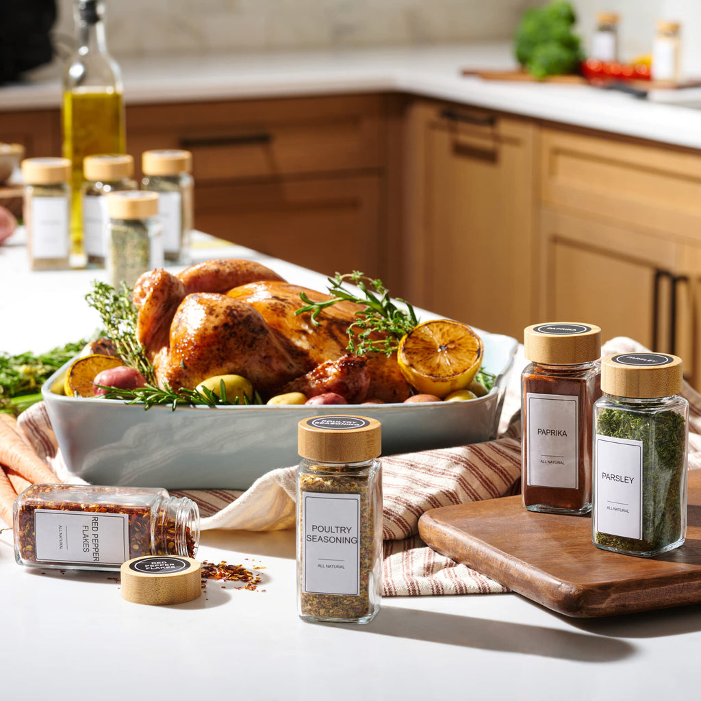 Glass Spice Jars with Label Set, Bamboo Lids & Funnel - Kitchen Airtight Storage Jars with Lids - Spices and