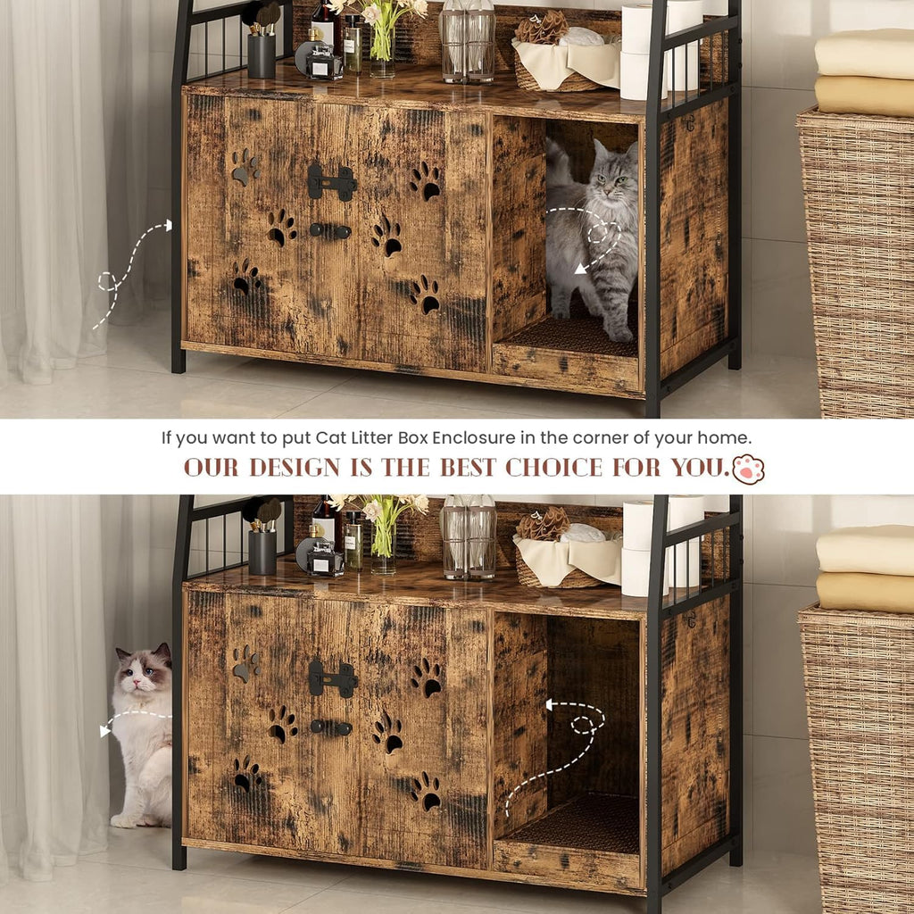 Large Cat Litter Box Enclosure with Shelf Storage, Hidden Cat Washroom Furniture, Wooden Cat House with Scratch Pad