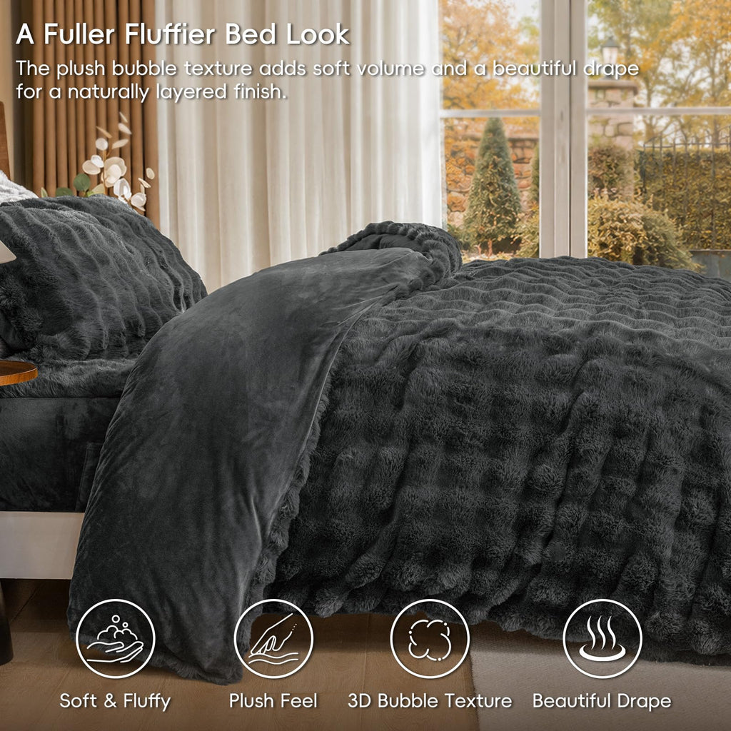 Fluffy Rabbit Faux Fur Duvet Cover Set, Black Oyster