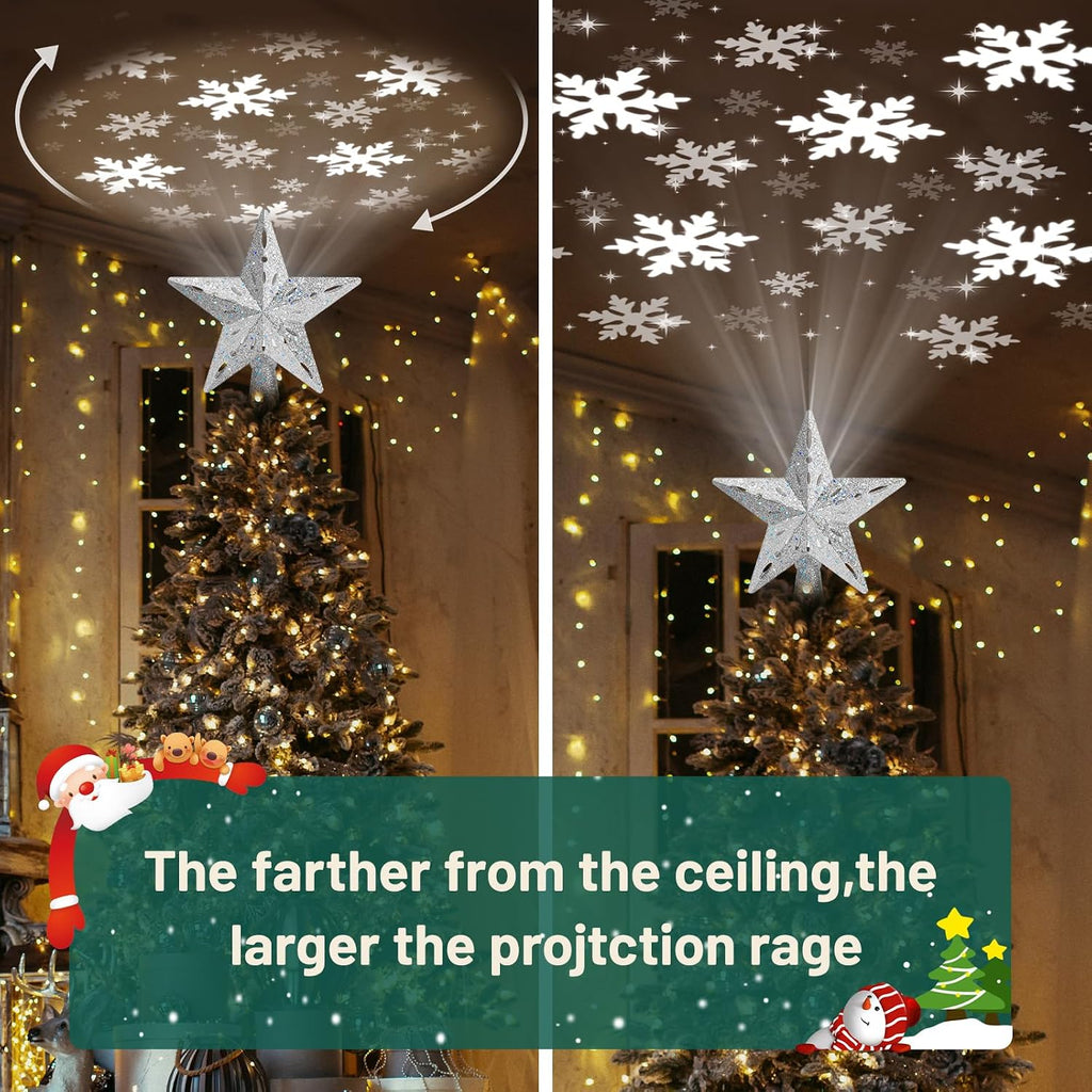 Tree Topper Lighted with 6 Projection Modes,Christmas Star Tree Topper Built-in LED Rotating Projector Lights 3D