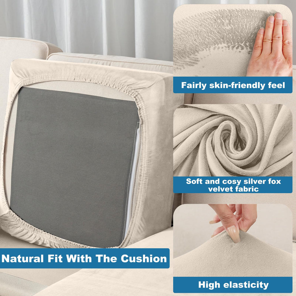 Couch Cover Velvet Chaise Cushion Cover for Sectional Sofas - Elastic L-Shaped Sofa Seat Covers Washable, Slipcover