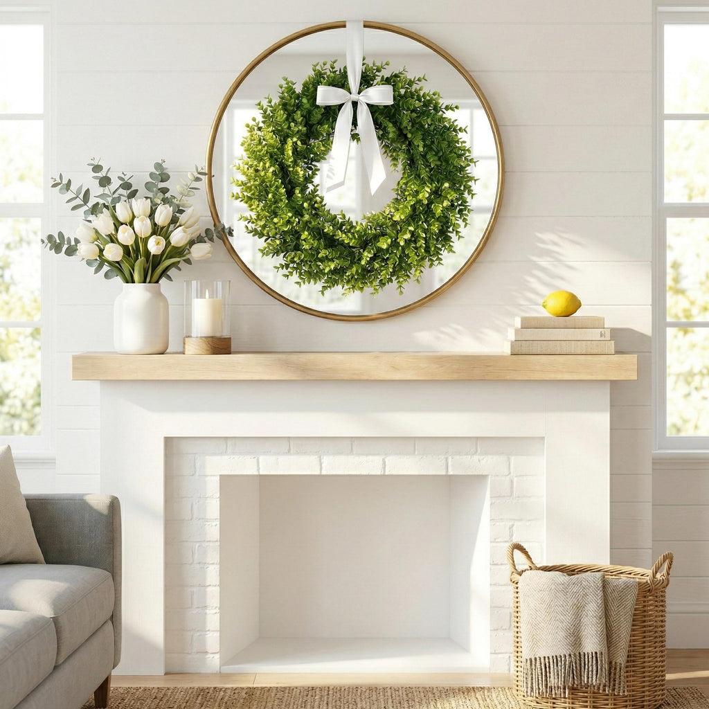 24 Inch Boxwood Wreath for Front Door, Large Green Outdoor Wreaths