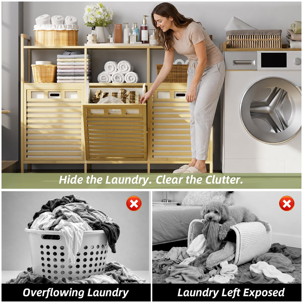 48 Gal Bamboo Tilt Out Laundry Hamper Cabinet with 3 Bag, Natural