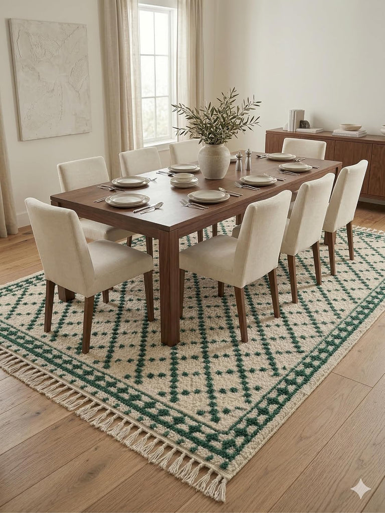 Handmade Moroccan Berber Area Rug 6' x 9', 100% Wool High Pile Shag, Ivory/Cream with Dark Green Small Diamond